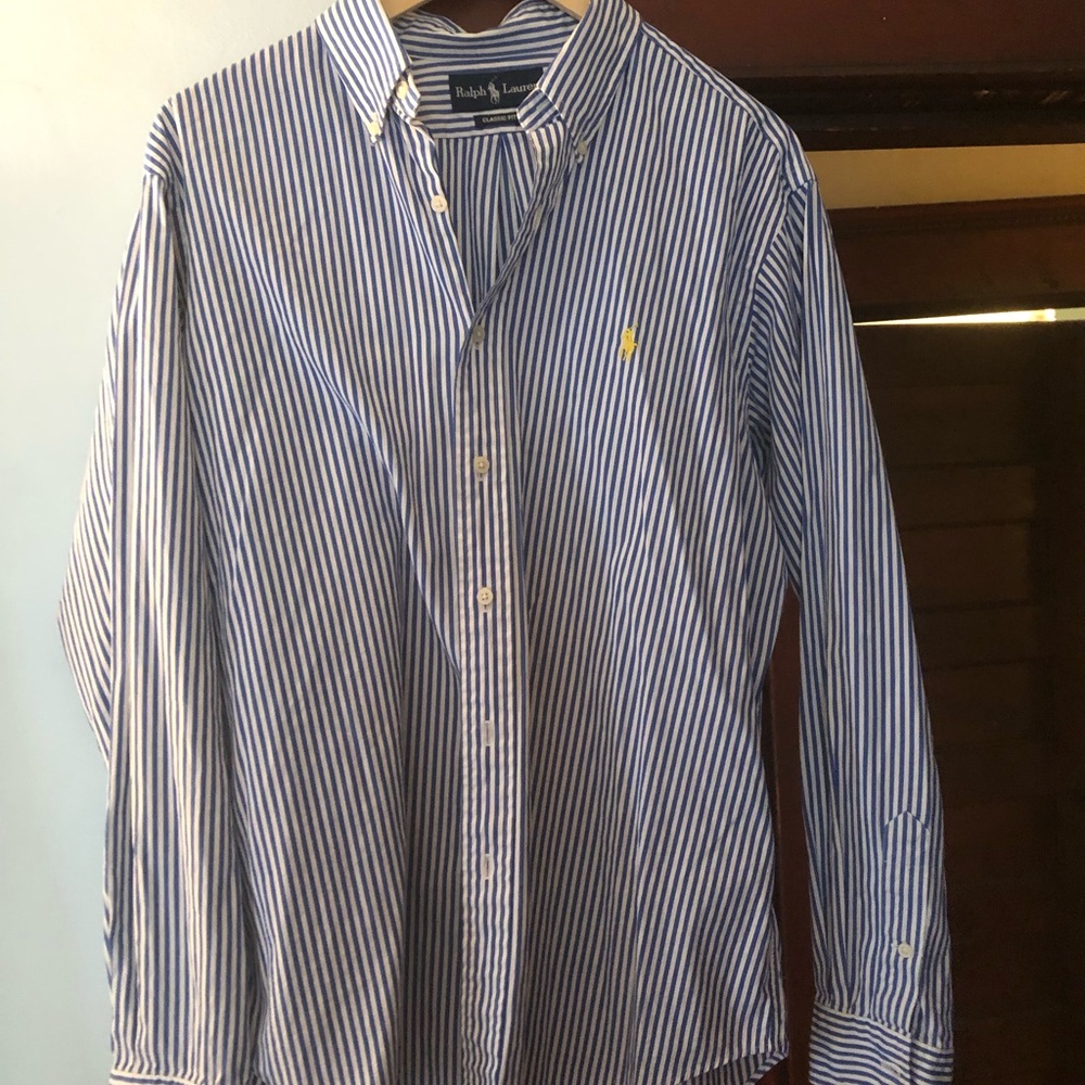 Ralph Lauren Blue & White Vertical Stripe Button-Down Shirt with Yellow Pony